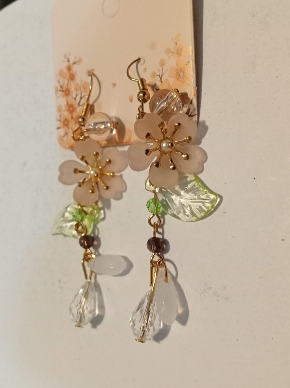 Women’s Floral Drop Earrings with Pink Blossoms and Green Leaf Accents